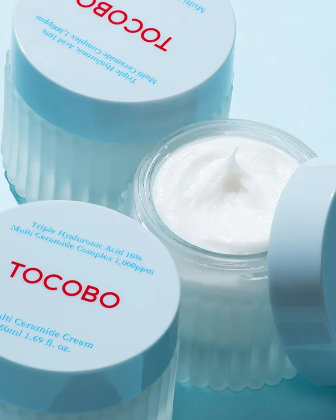 TOCOBO Multi Ceramide Cream jar with white cream and blue lid featuring Triple Hyaluronic Acid 10%