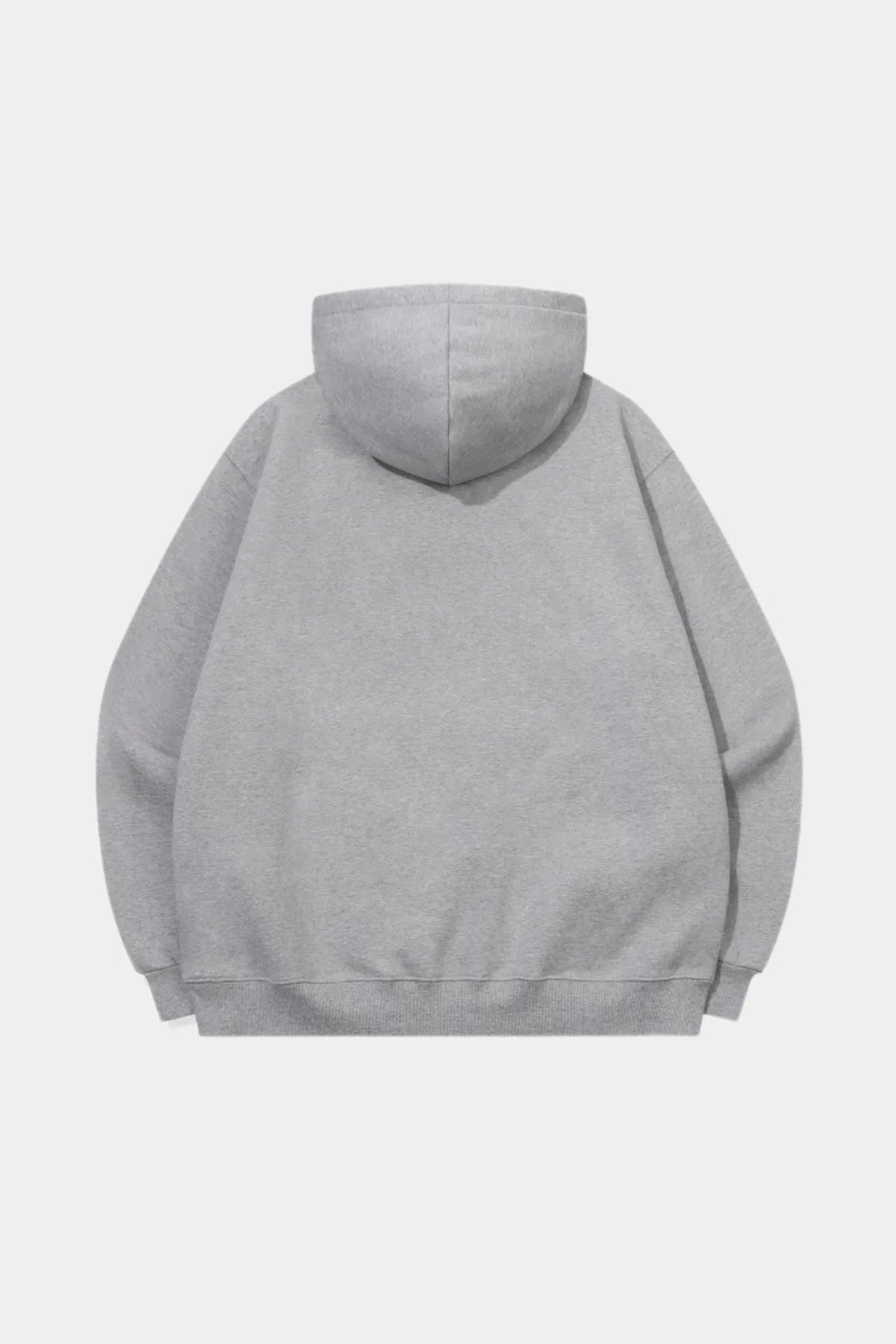 Back view of a plain gray hoodie with a hood and ribbed cuffs on a white background
