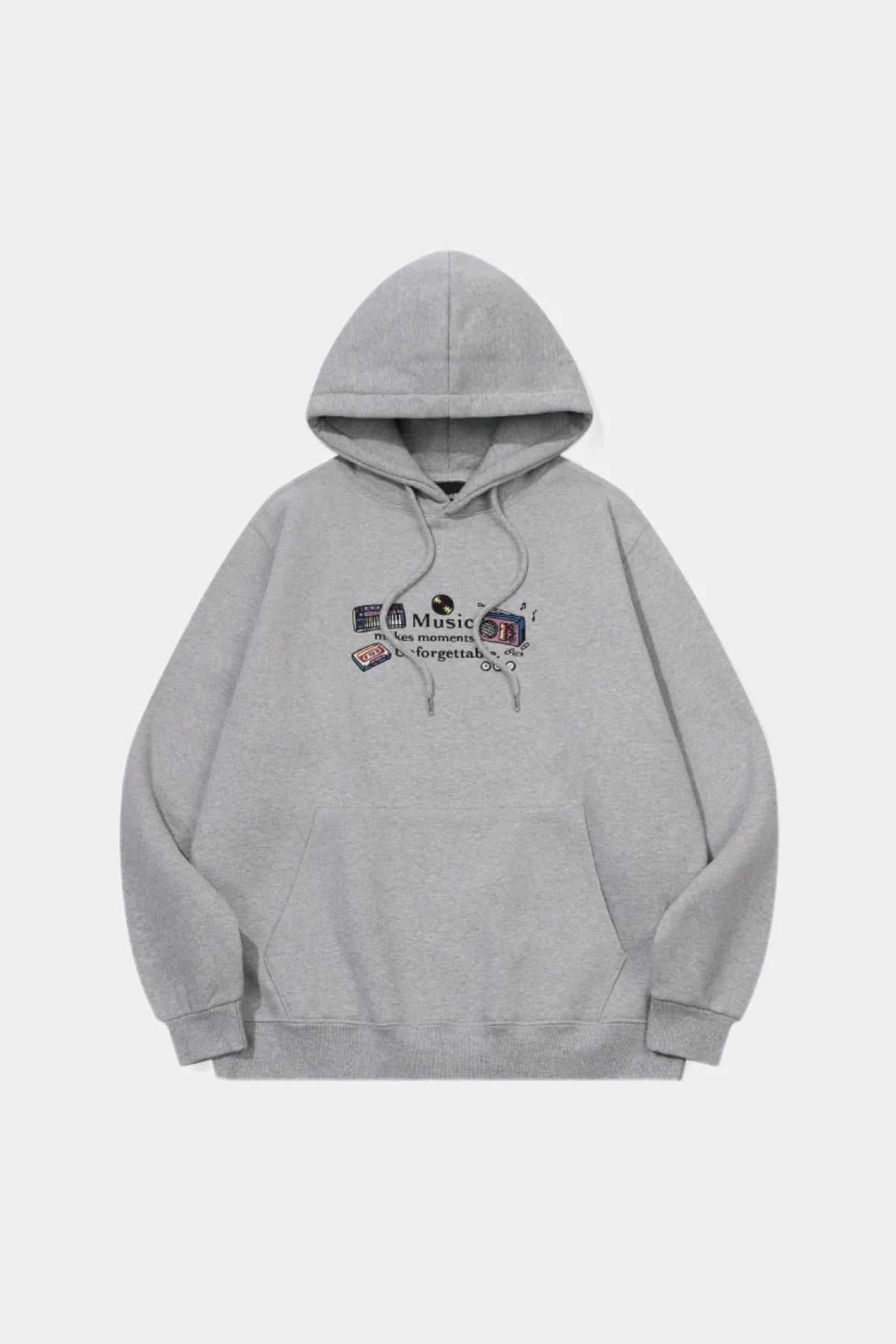 Gray hoodie with music-themed embroidery including cassette tapes, speakers, and text on front