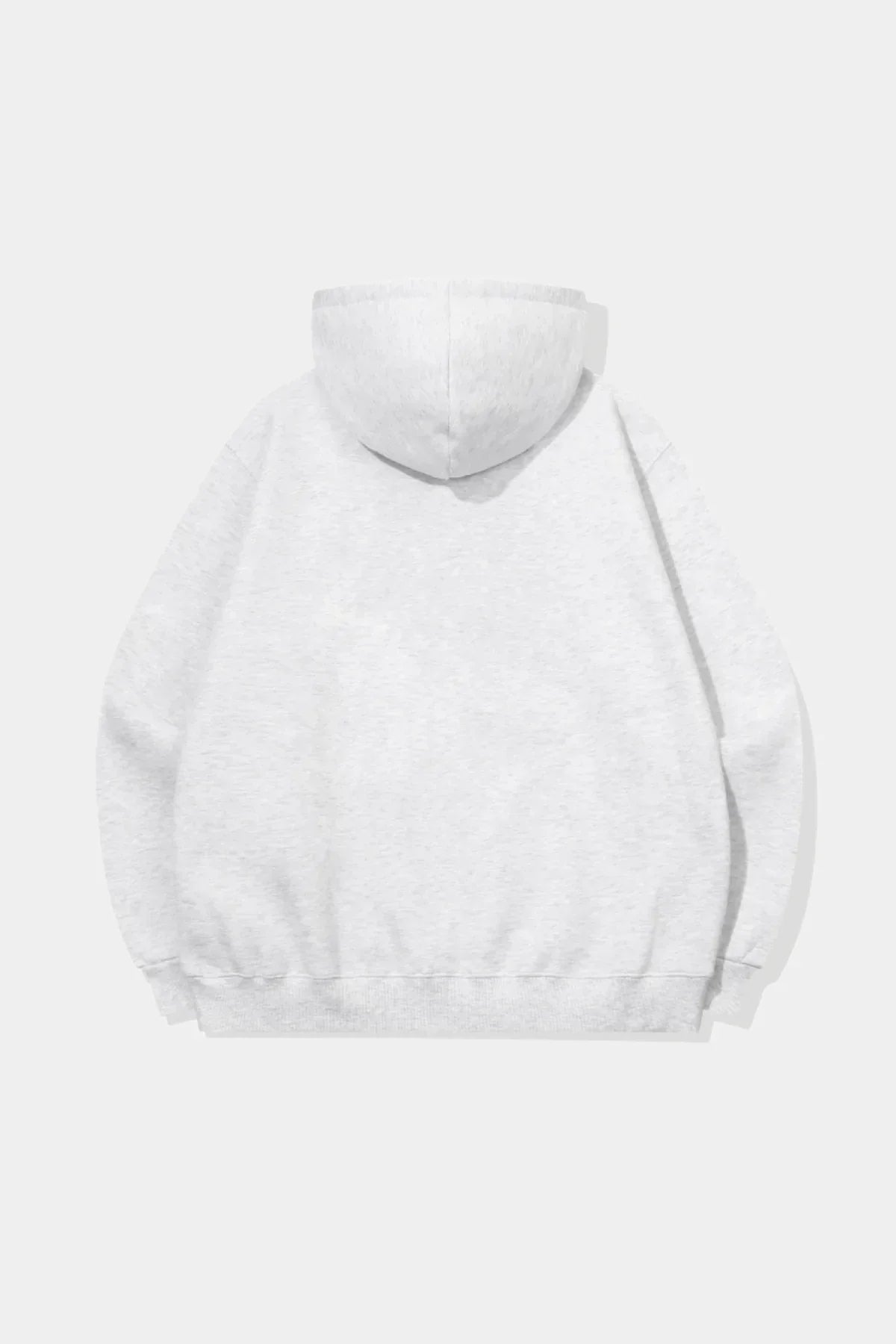 Back view of melange white embroidered hoodie with hood and ribbed cuffs on white background
