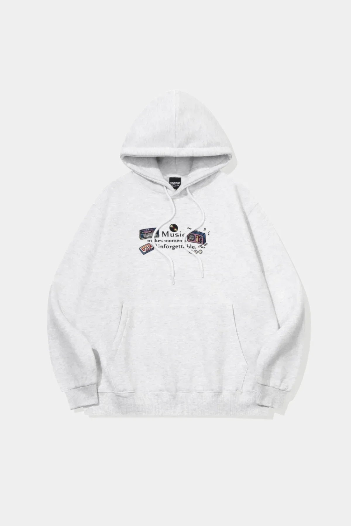Light grey hoodie with embroidered vintage music cassette, stereo, and record design on front