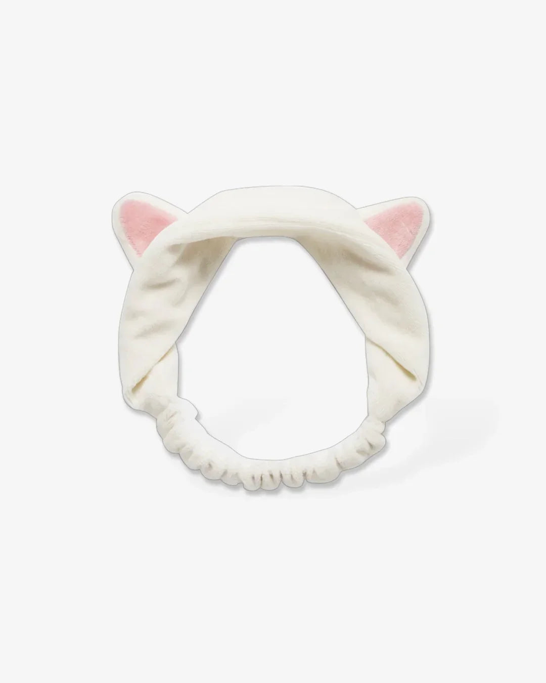 Soft white fabric hairband with pink cat ears on a plain white background
