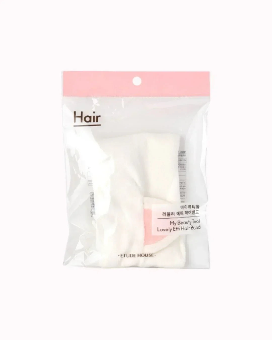 Etude House My Beauty Tool Lovely Etti Hair Band in white, packaged in clear plastic with pink top