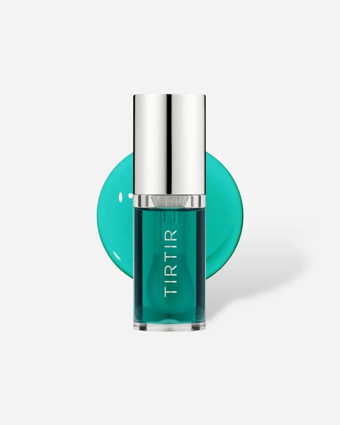 TIRTIR mint glow lip oil in sleek bottle with silver cap and teal liquid splash background