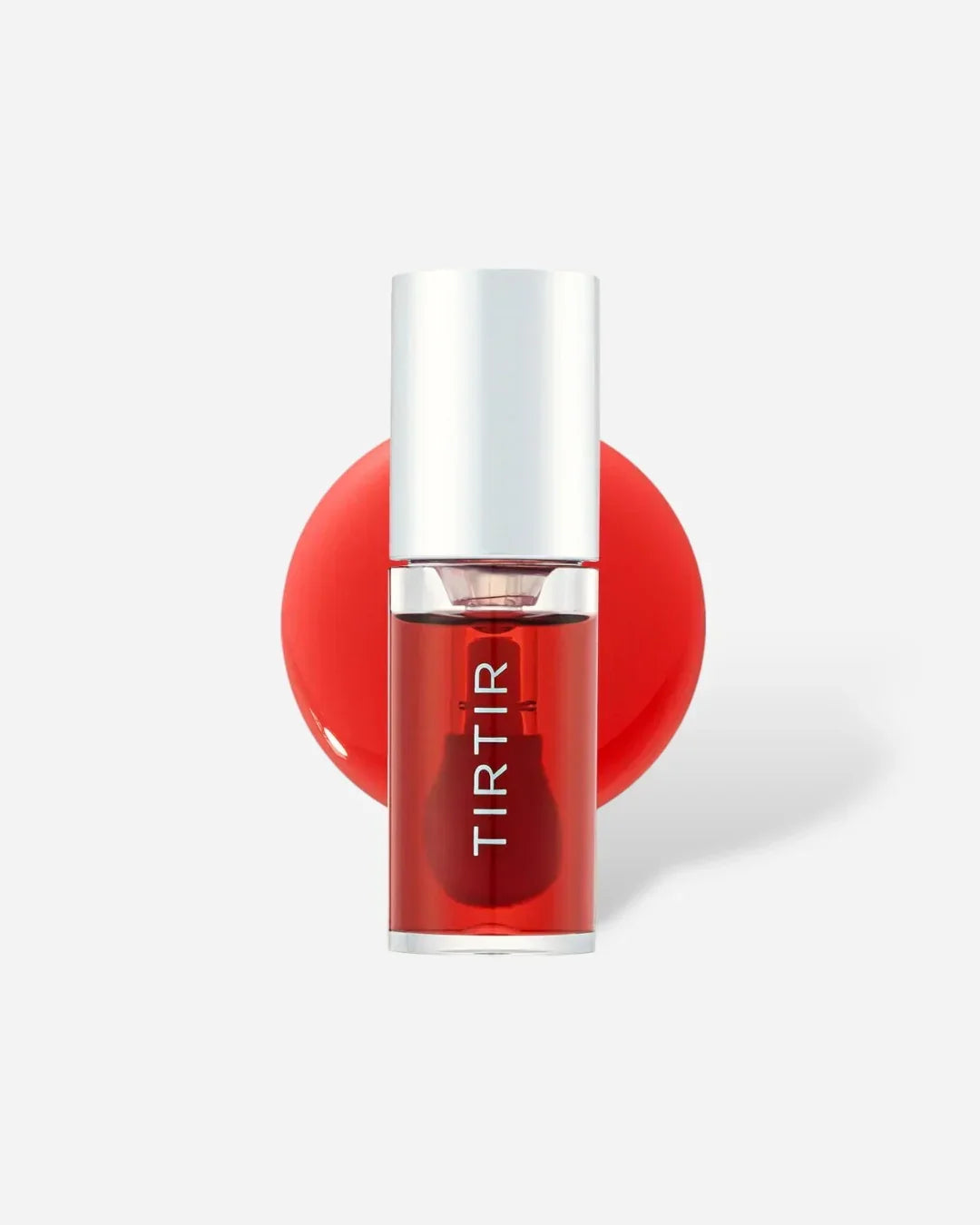 TIRTIR My Glow lip oil in rosy shade with silver cap and red product swatch background