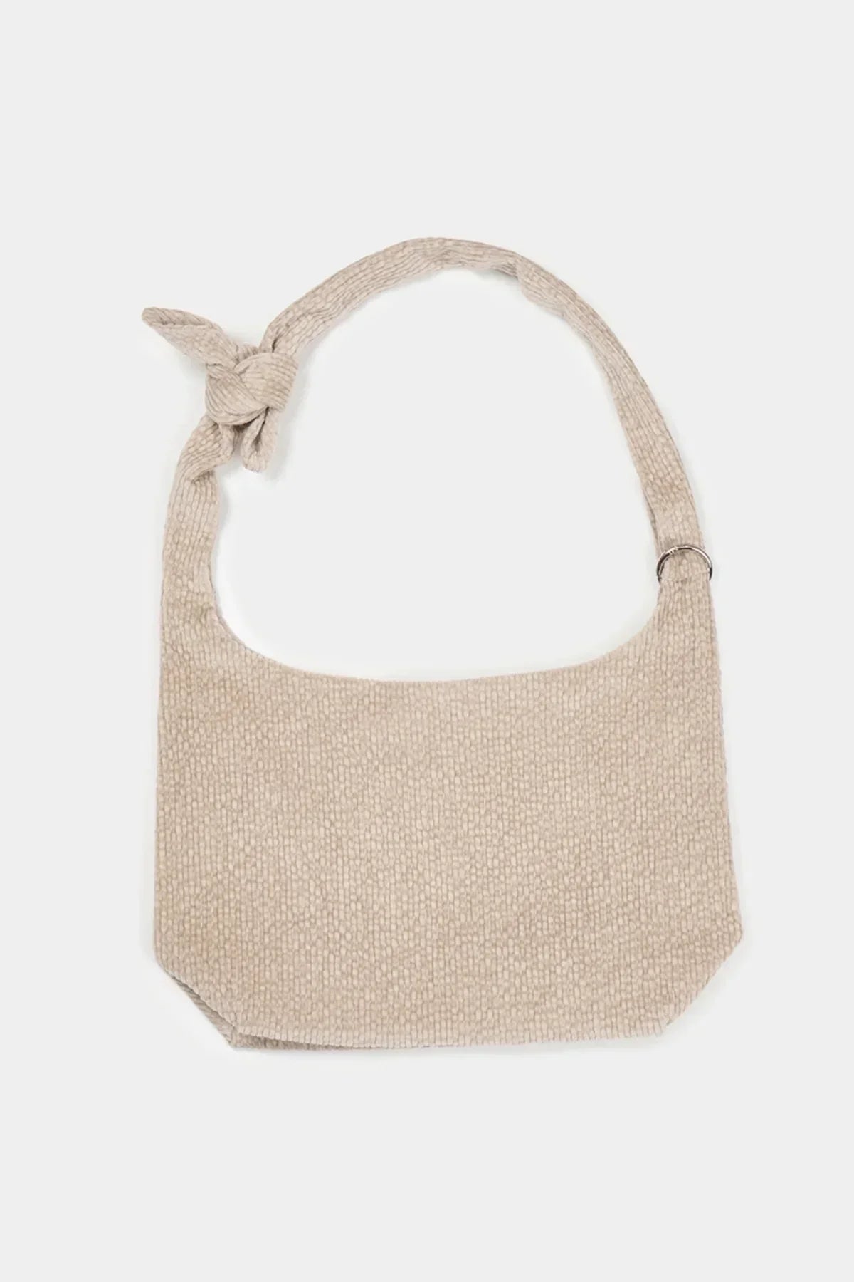 Beige natural knot shoulder bag with textured fabric and metal ring detail on strap