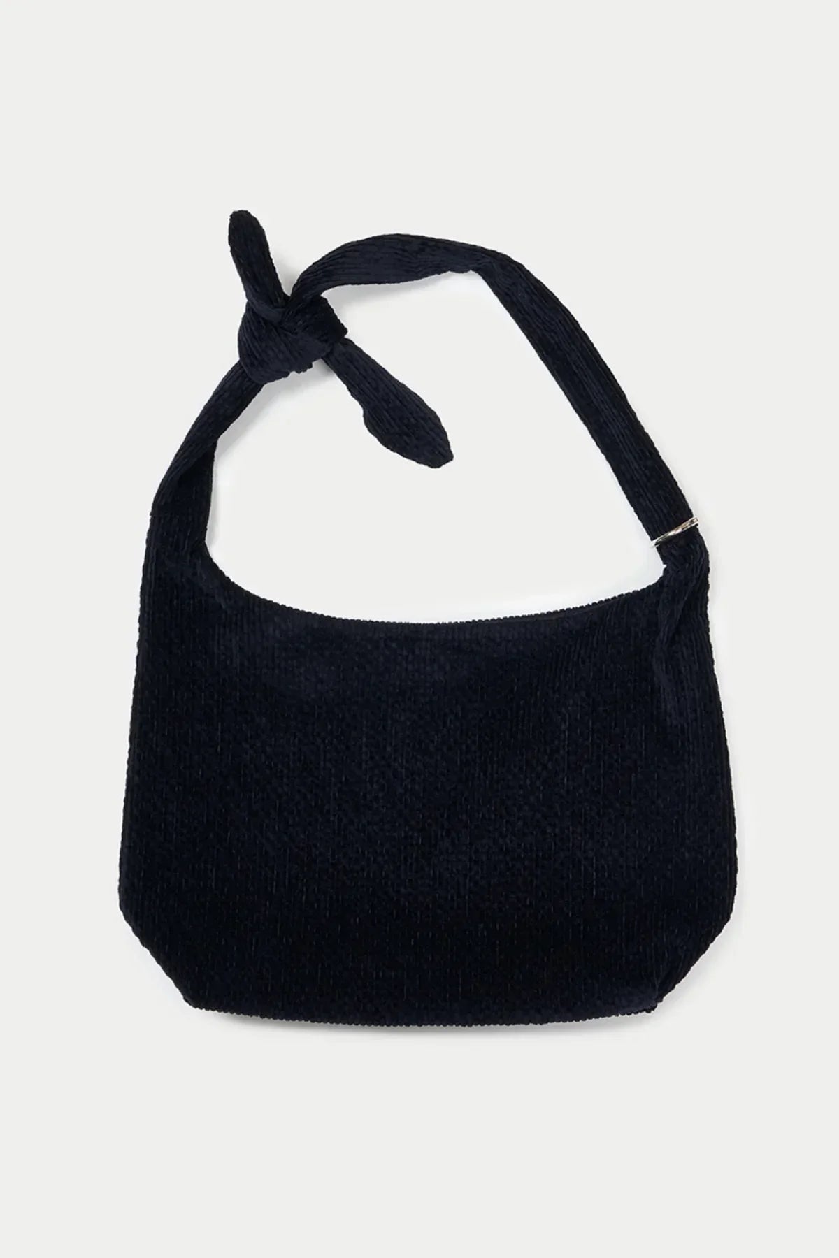 Dark navy textured fabric shoulder bag with knotted strap and silver ring detail