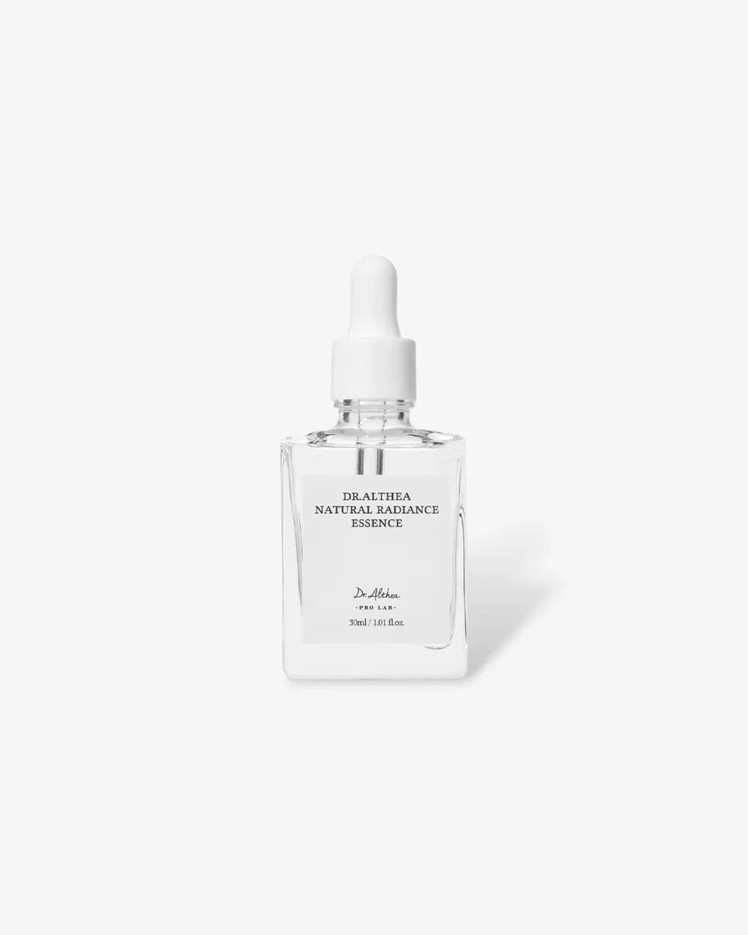 Clear glass dropper bottle of Dr.Althea Natural Radiance Essence 30ml on white background