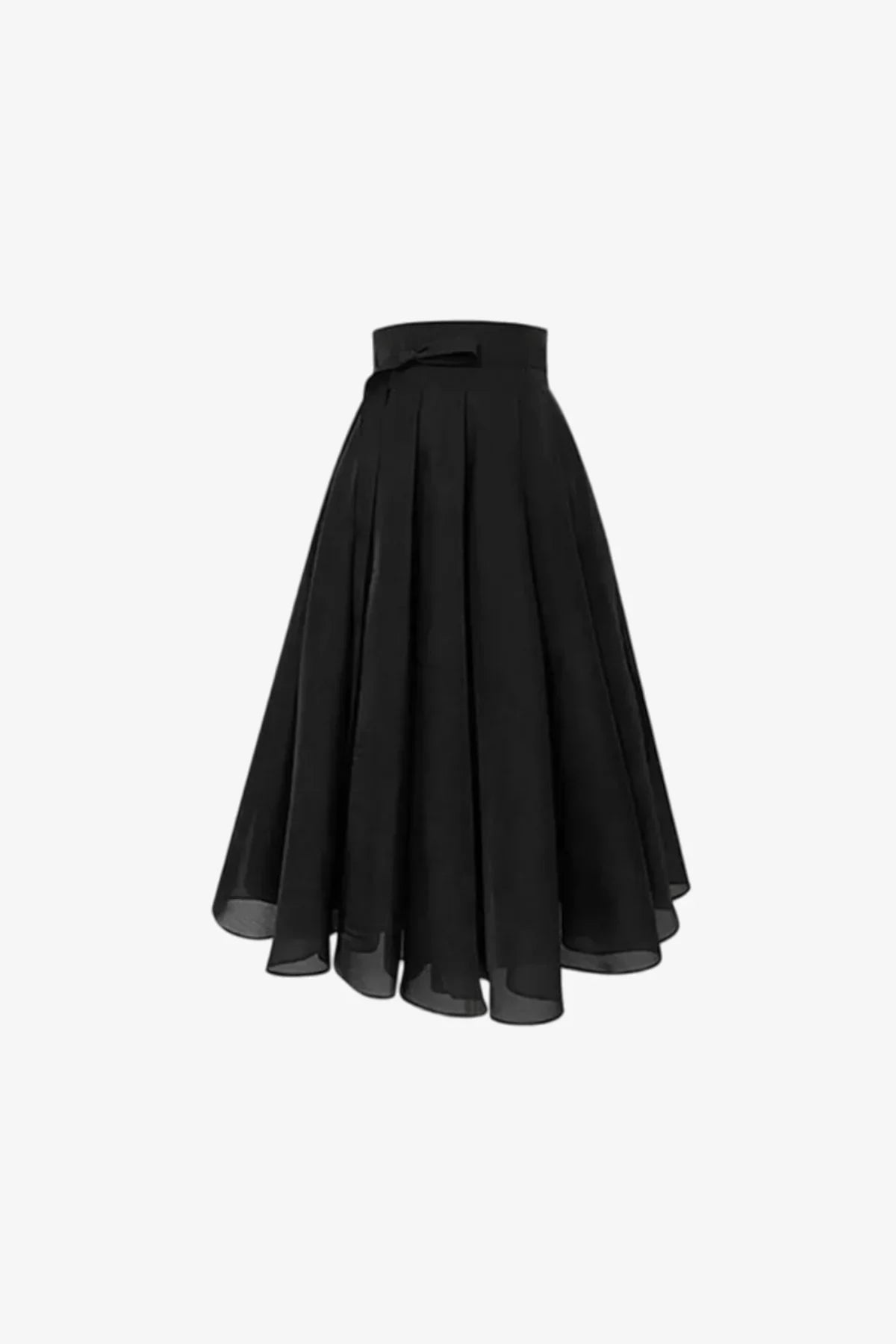 Black pleated midi skirt with high waist and bow detail on white background