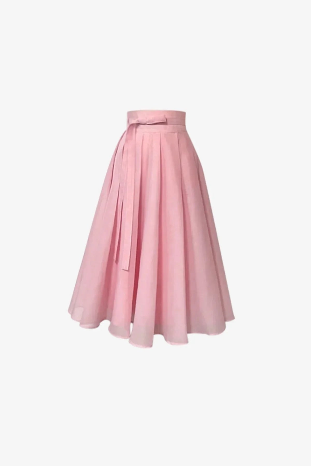 Blush pink pleated midi skirt with high waist and sash belt on white background