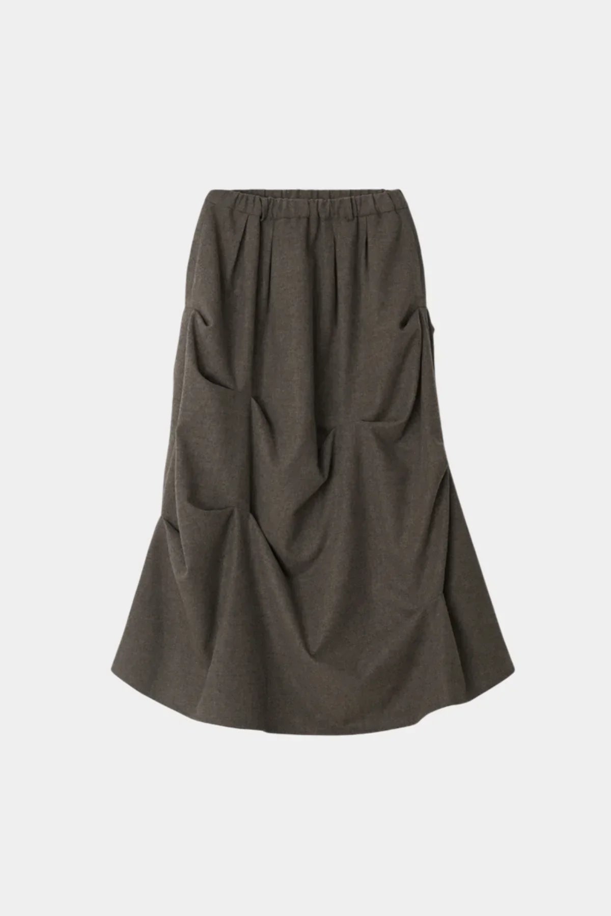 Brown high-waisted midi skirt with gathered fabric details and elastic waistband