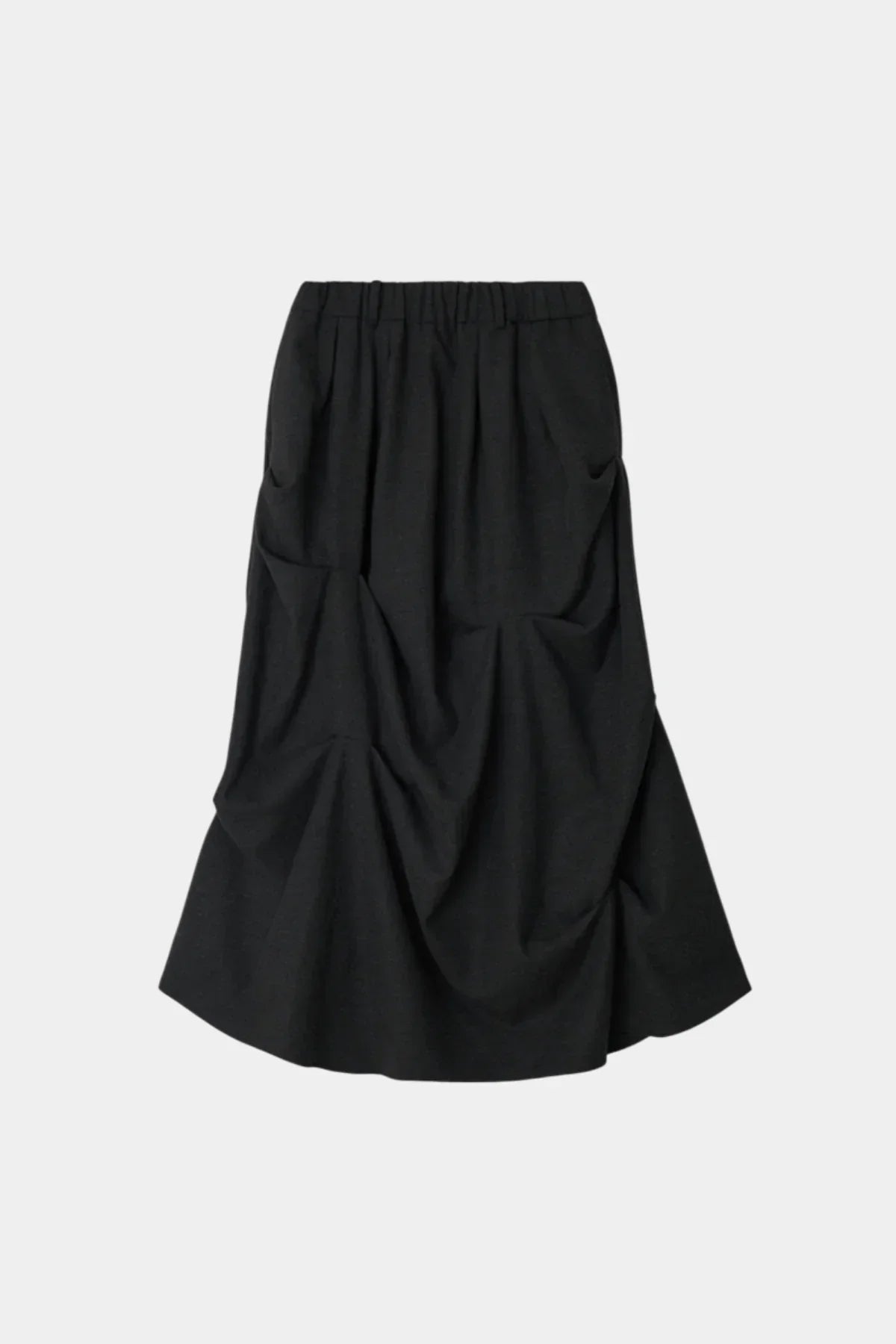 Charcoal black skirt with elastic waistband and gathered pleated design