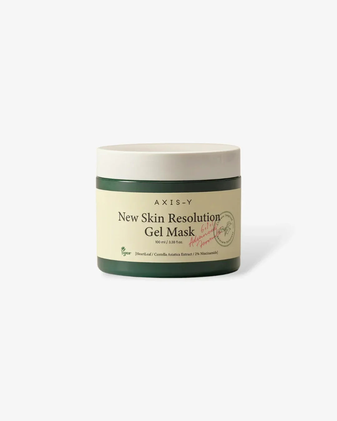 Axis-Y New Skin Resolution Gel Mask 100ml in green jar with beige lid and vegan skincare label