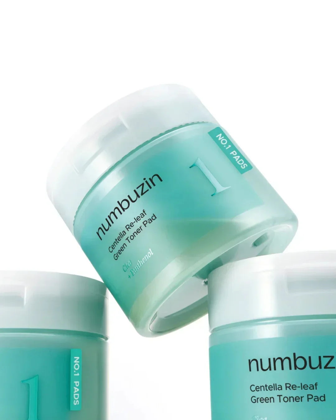 Numbuzin Centella Re-leaf Green Toner Pad jars with white lids and turquoise labels on white background