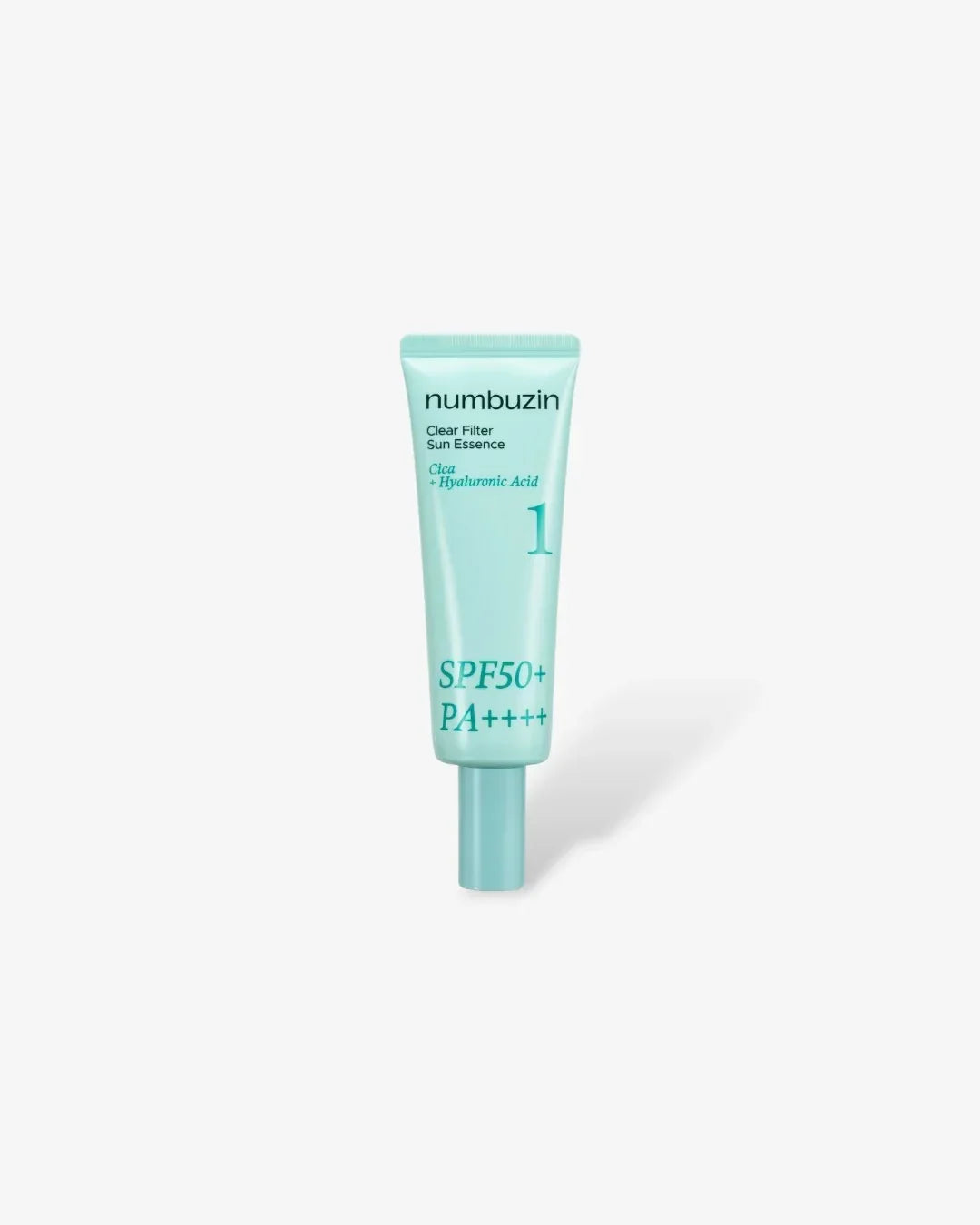 Numbuzin Clear Filter Sun Essence tube with SPF50+ PA++++ and hyaluronic acid on white background