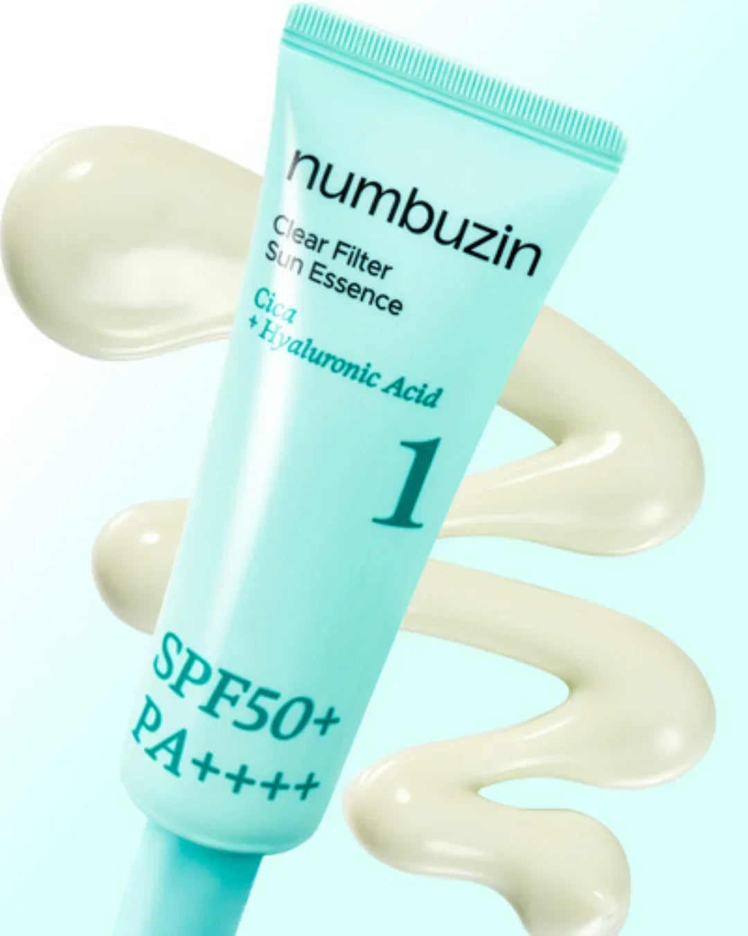 Numbuzin Clear Filter Sun Essence tube with SPF50+ PA++++ and hyaluronic acid on light background