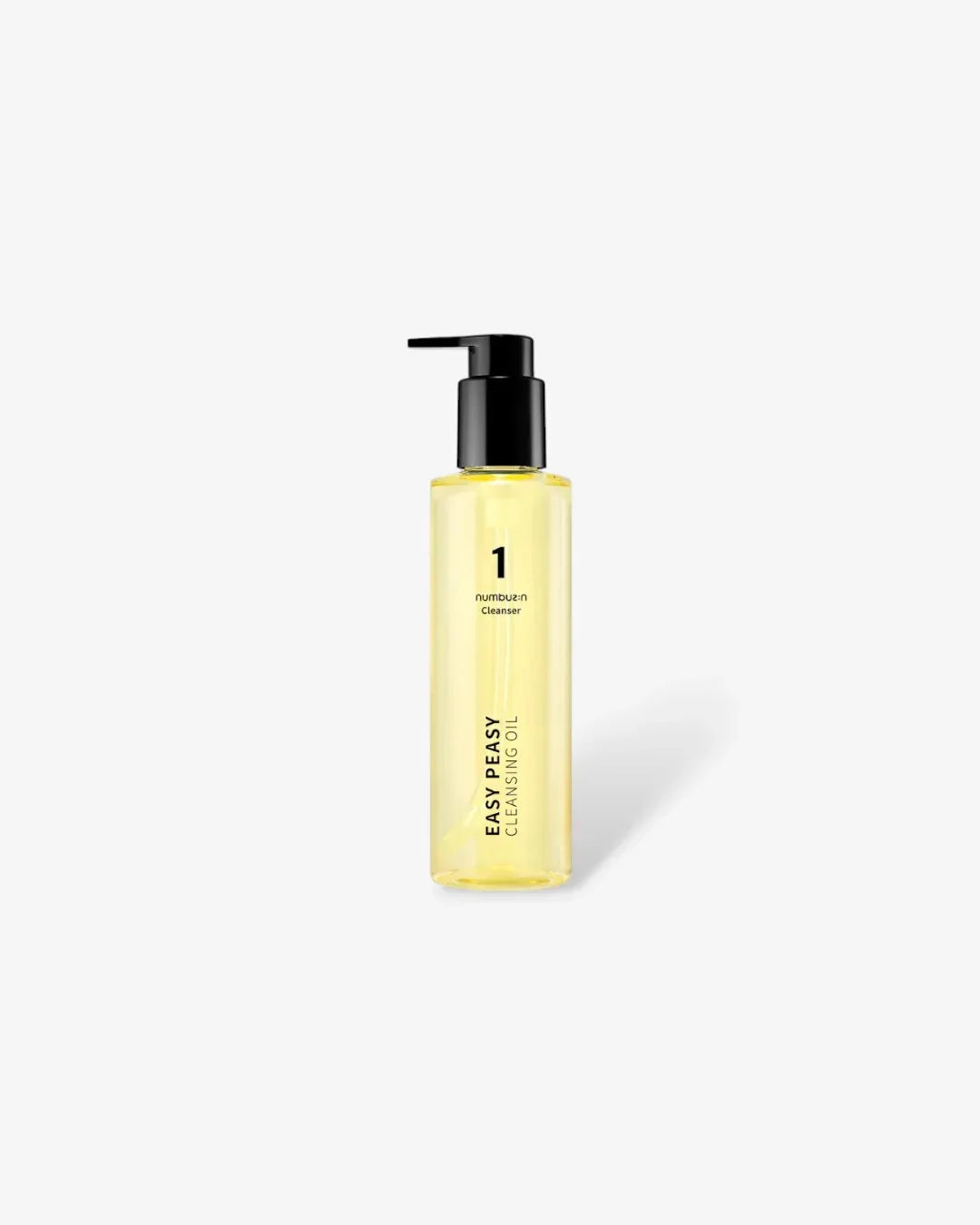 200ml yellow bottle of Numbuz:n Easy Peasy Cleansing Oil with black pump dispenser on white background