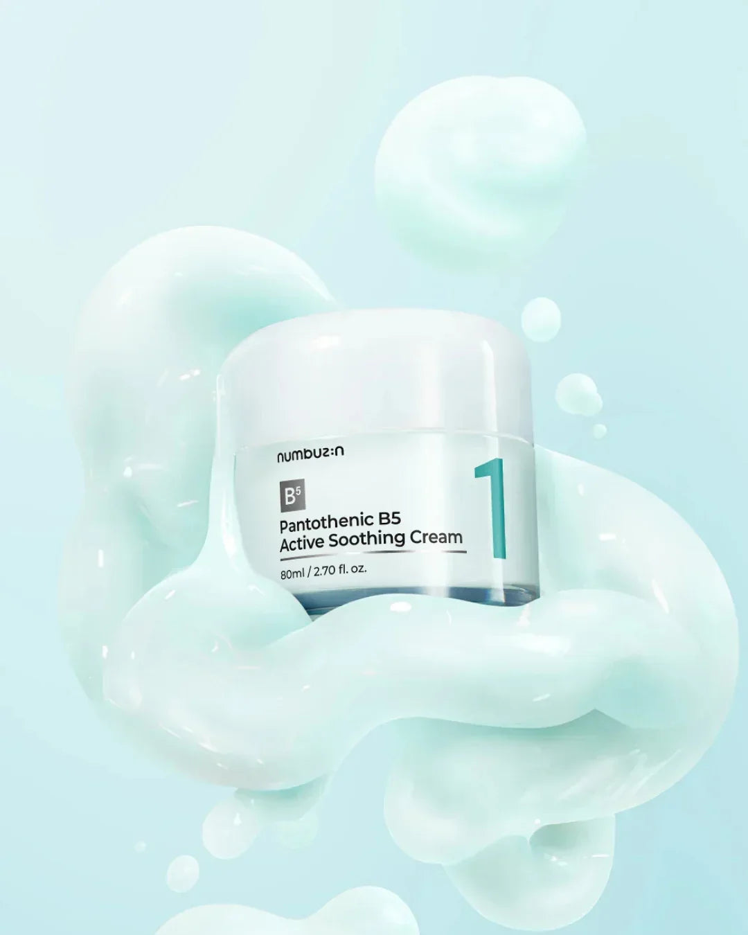 Numbuz:n Pantothenic B5 Active Soothing Cream 80ml jar surrounded by creamy texture on light blue background