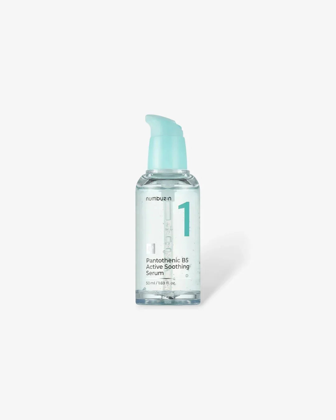Clear glass bottle of Numbuzin Pantothenic B5 Active Soothing Serum with blue pump cap