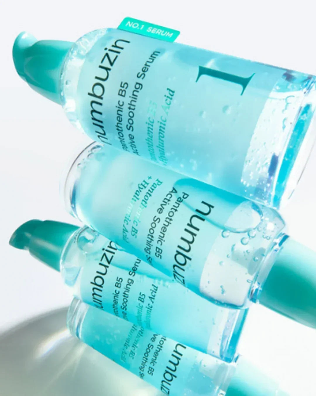 Numbuzin Panthenolic B5 active soothing serum bottles with hyaluronic acid, blue caps, clear gel