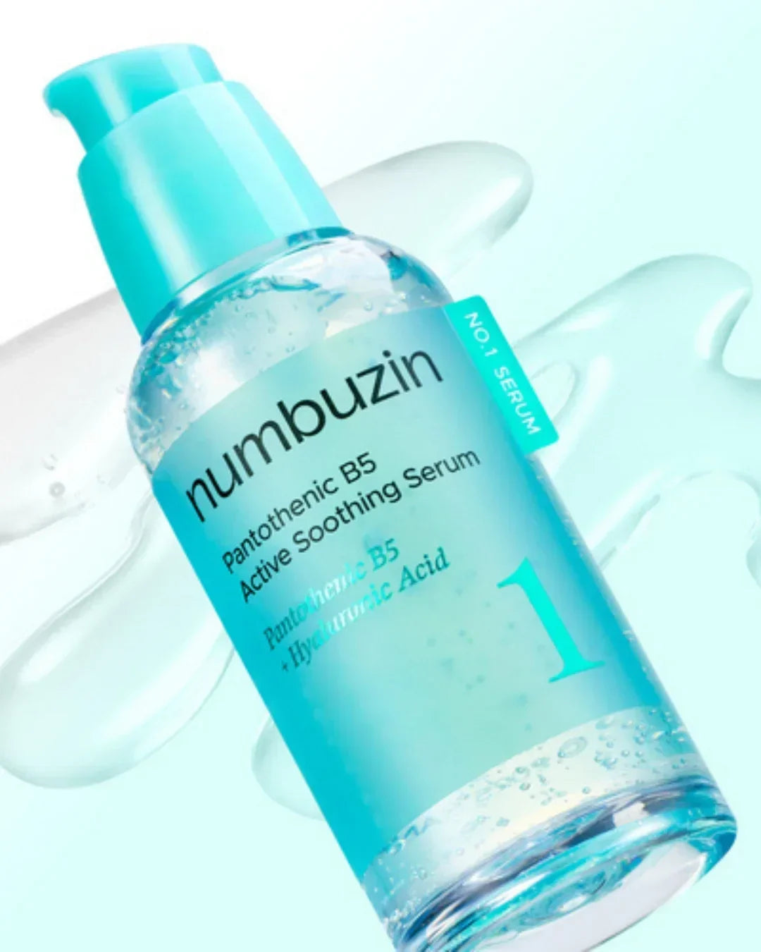 Numbuzin Pantothenic B5 Active Soothing Serum bottle with clear blue gel on light blue background