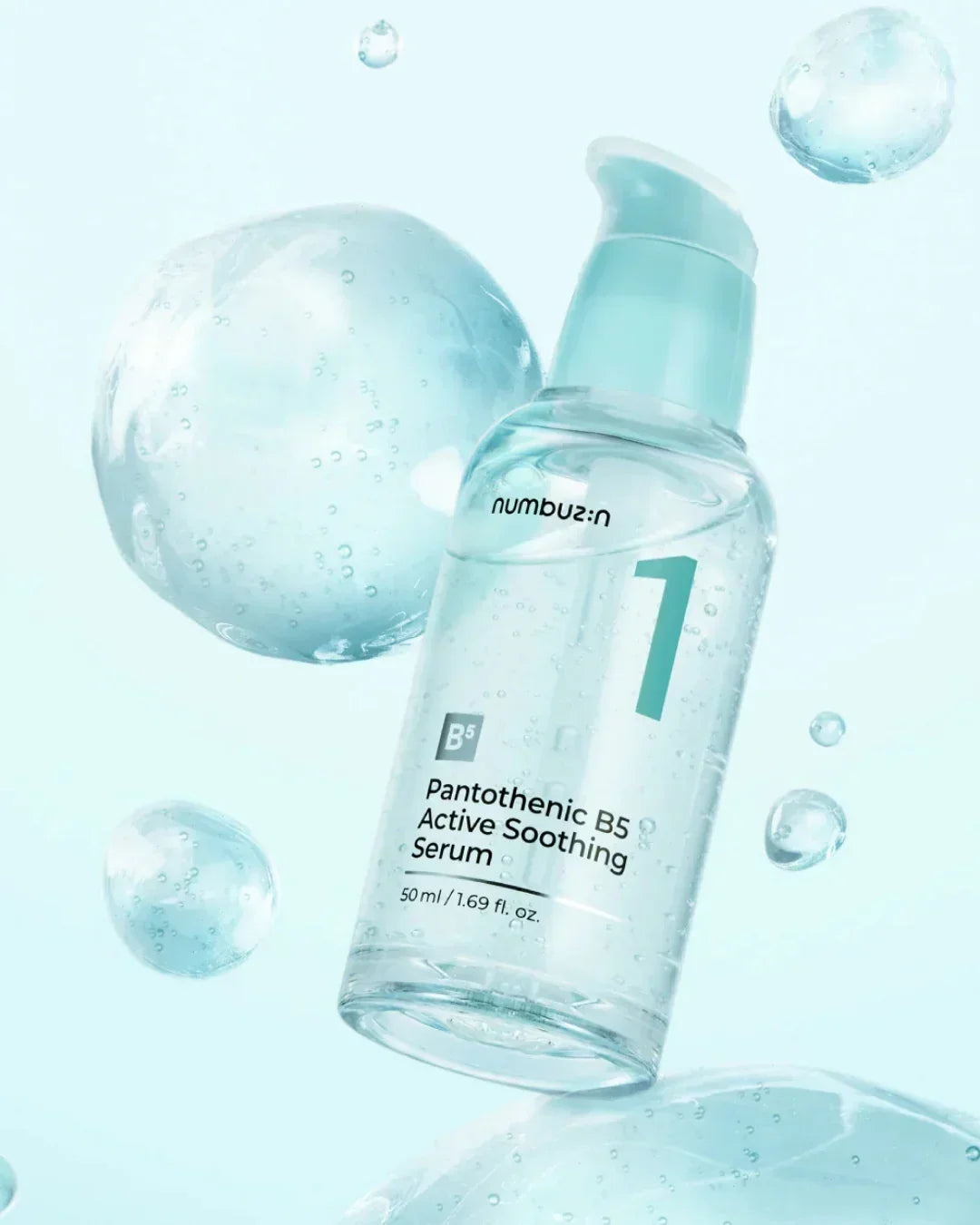 Numbuzin Pantothenic B5 Active Soothing Serum 50ml bottle with blue liquid droplets background