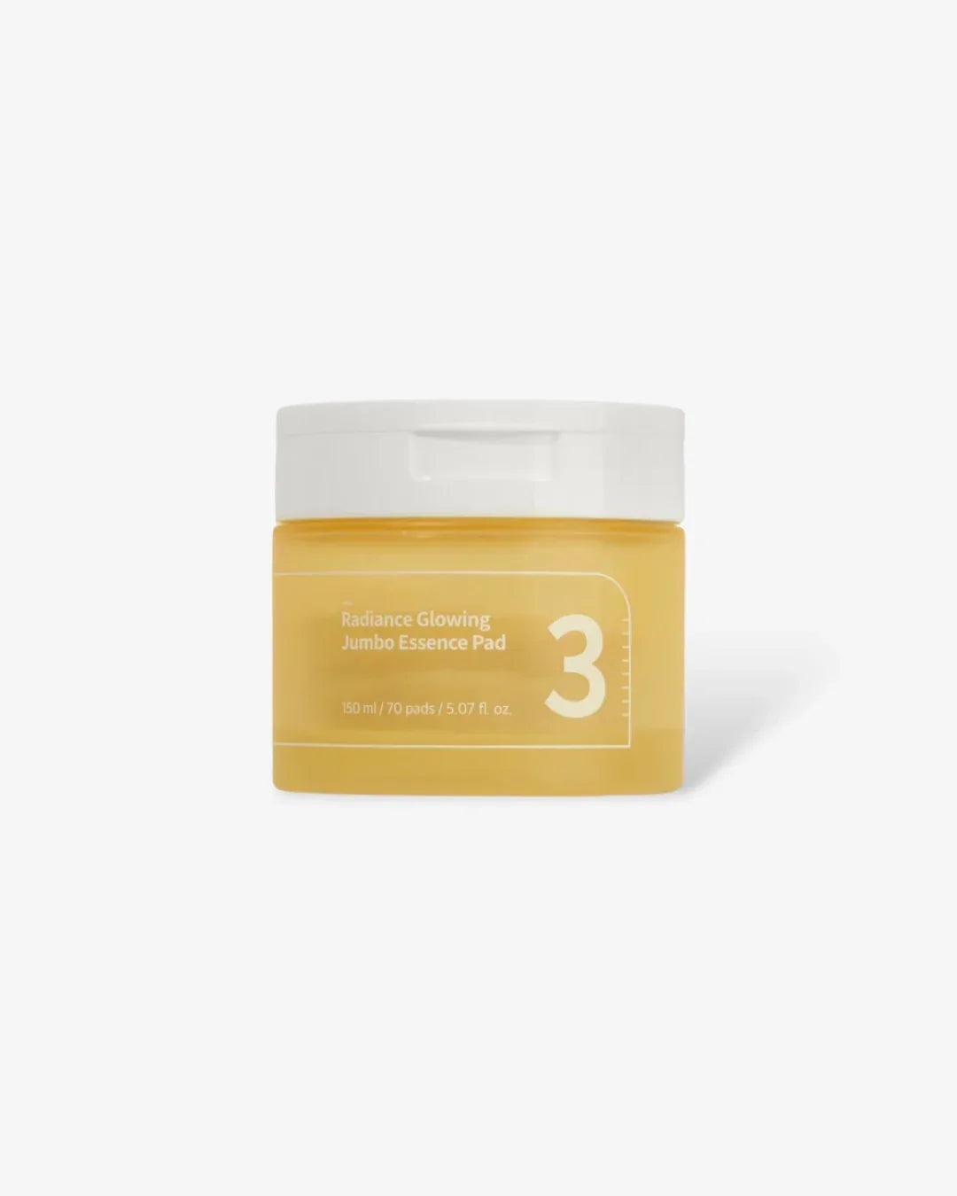 Yellow jar of Radiance Glowing Jumbo Essence Pad with white lid, 70 pads skincare product