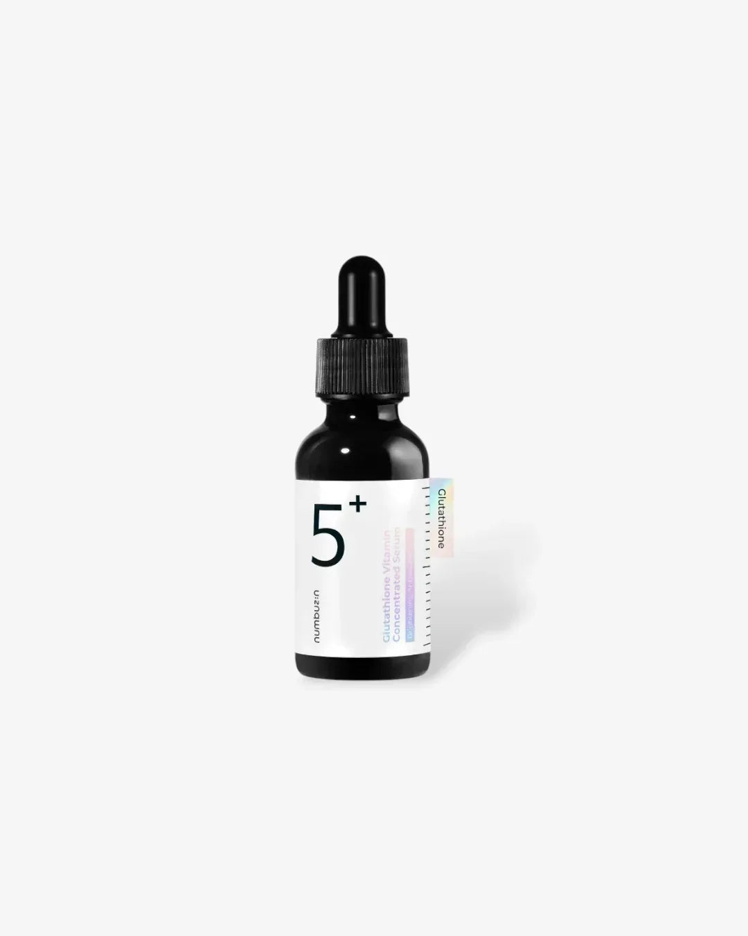 Black dropper bottle of 5+ Glutathione Vitamin Concentrated Serum on white background
