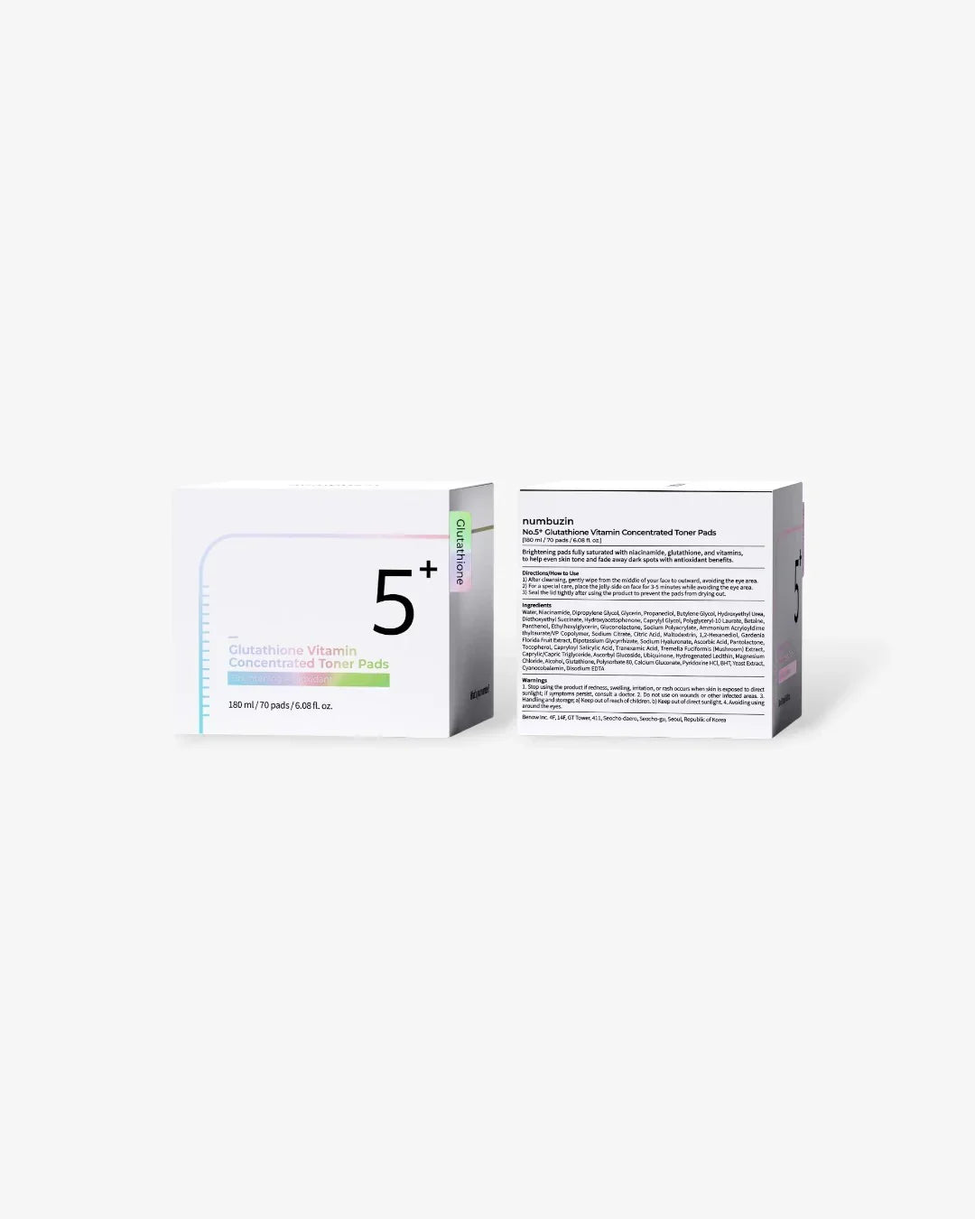 No.5 Glutathione Vitamin Concentrated Toner Pads packaging with 70 pads and product details