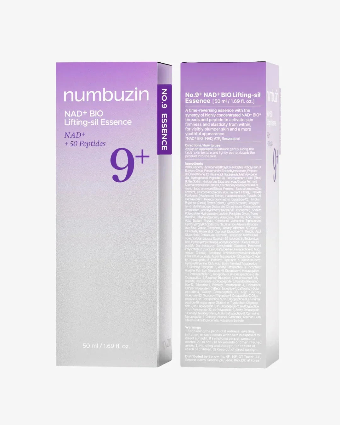Numbuzin No.9+ NAD+ BIO Lifting-sil Essence 50ml skincare packaging with purple gradient box