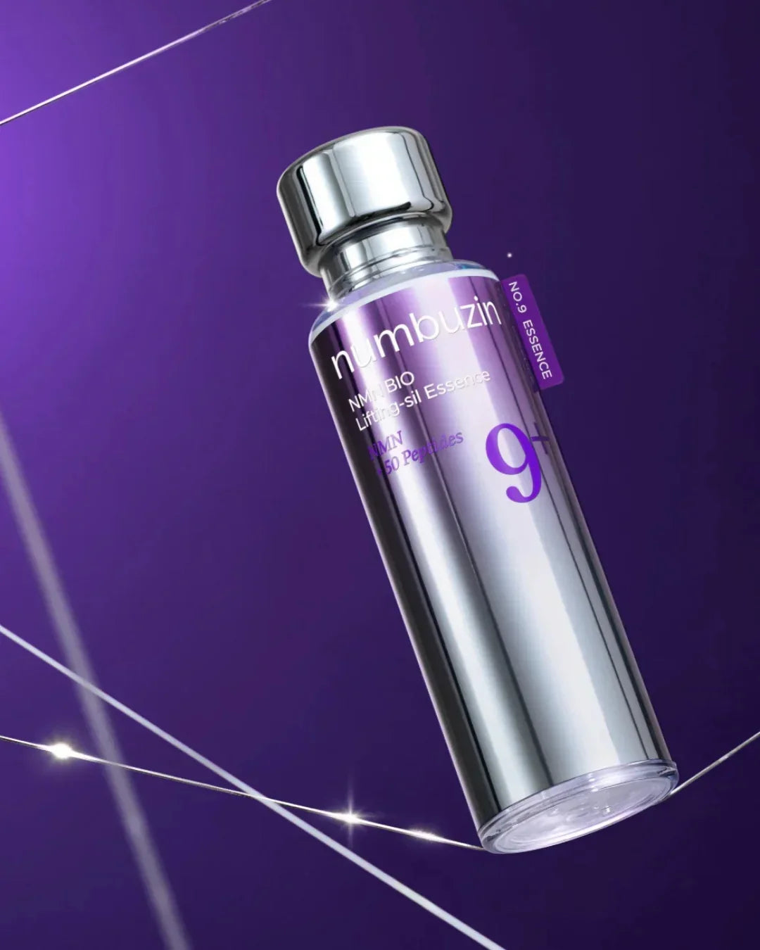 Numbuzin No9 Bio Lifting-Sil Essence skincare bottle with purple label and silver cap on purple background