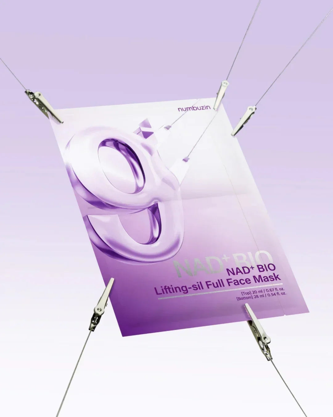 Numbuzin NAD+ BIO Lifting-sil Full Face Mask packaging in purple with metal clips against gradient background