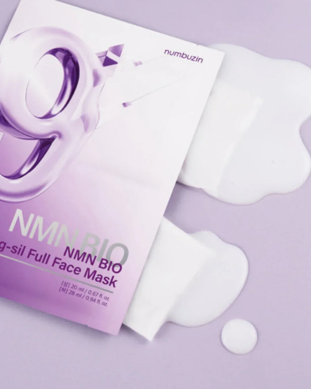 NMN BIO Lifting-sil Full Face Mask sachet on lavender background with white cream spilled