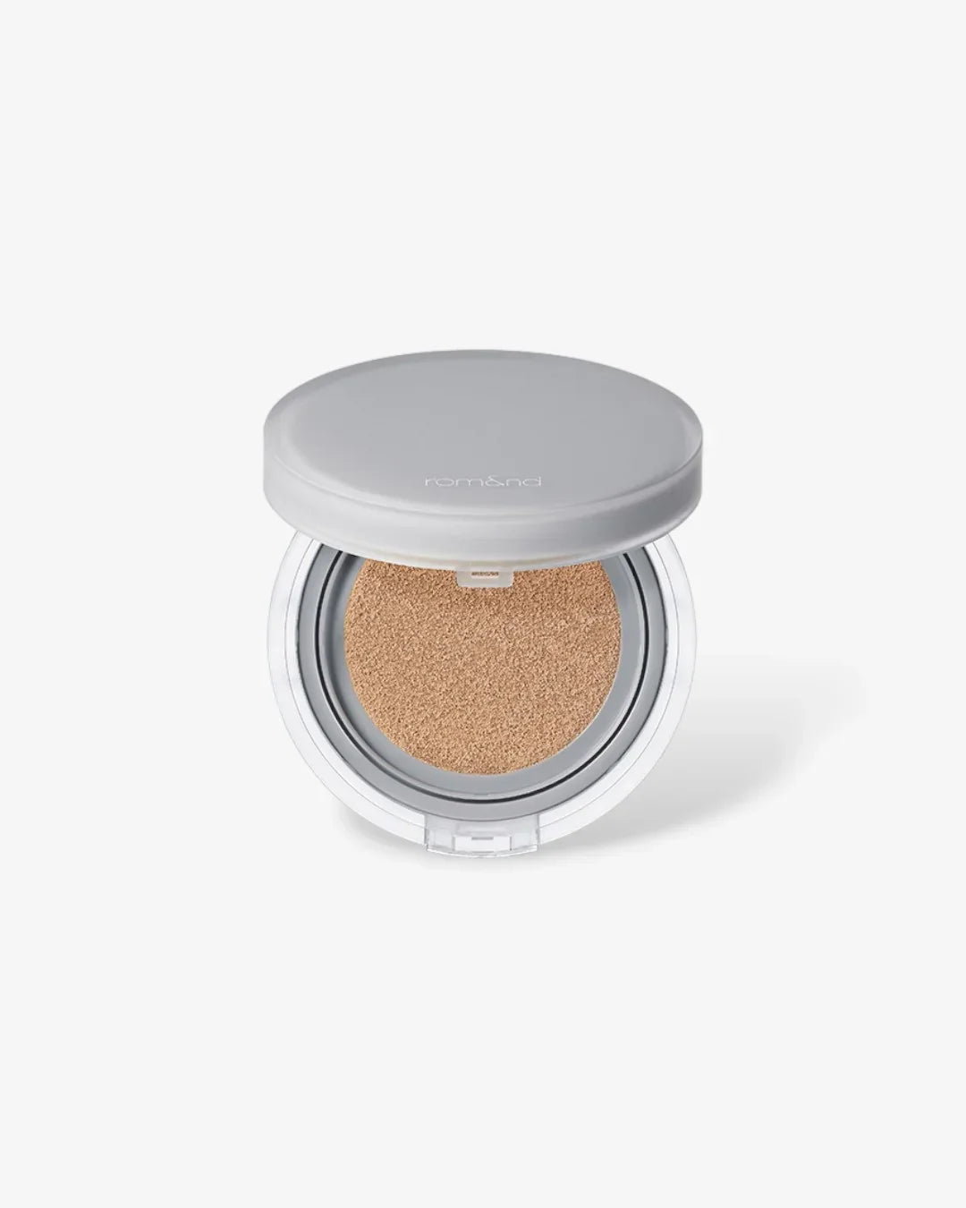 Open rom&nd Nu Zero Cushion compact with sand beige foundation on white background