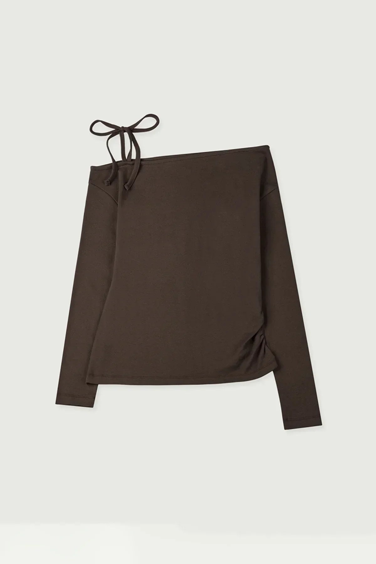 Brown off-shoulder long sleeve top with a tie detail on one shoulder