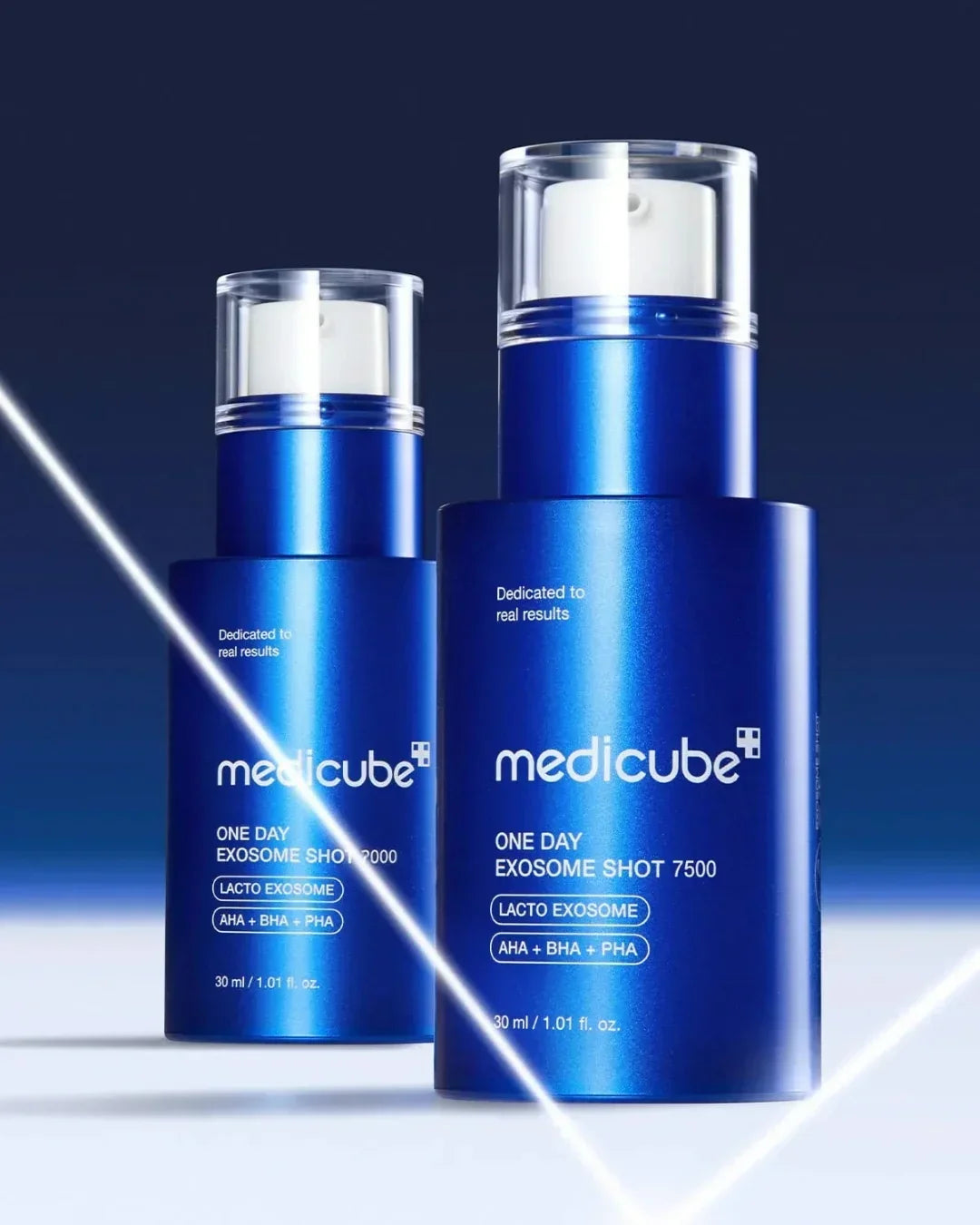 Blue Medicube One Day Exosome Shot 30ml skincare ampoule bottles with white text on dark background