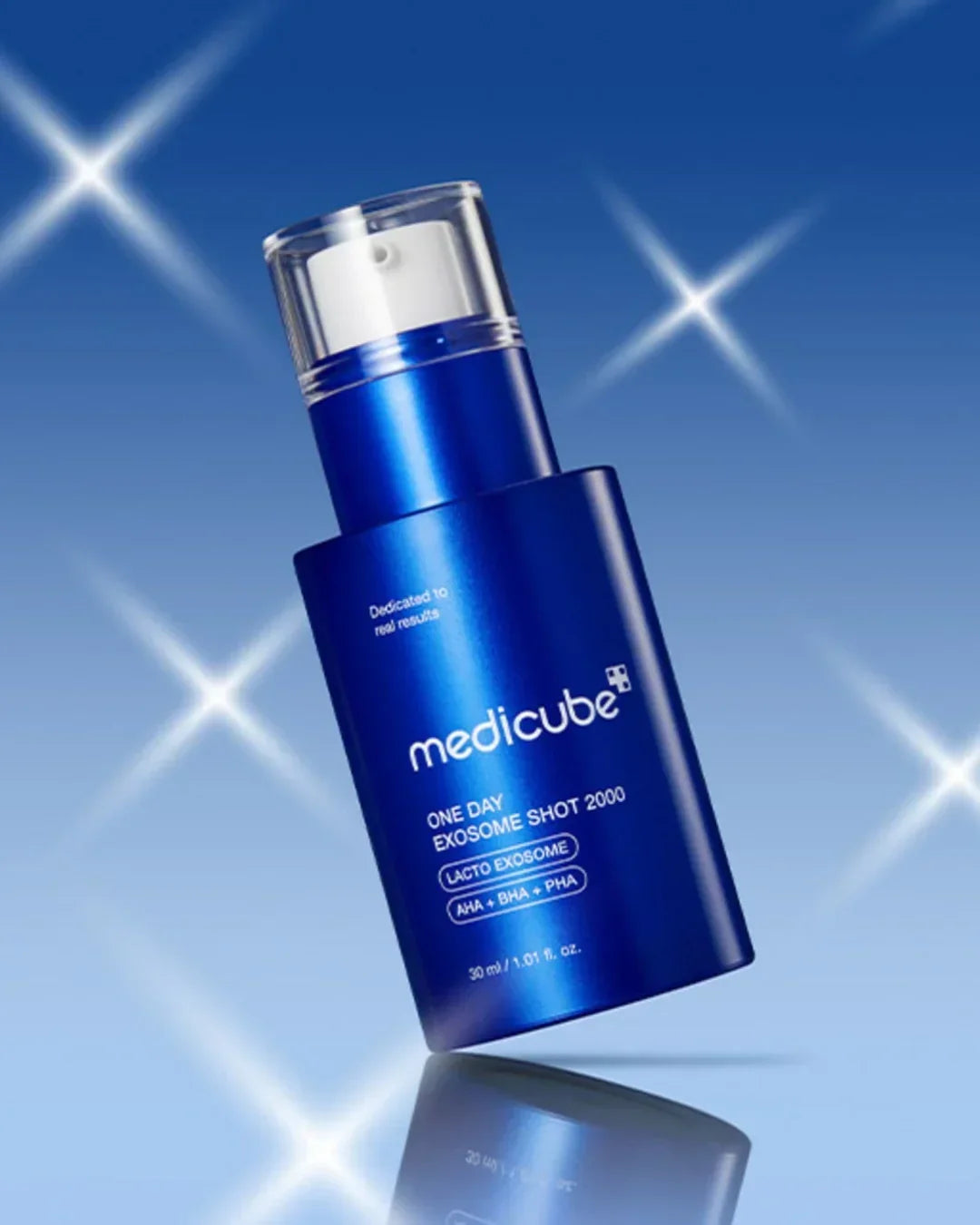 Blue Medicube One Day Exosome Shot 2000 ampoule bottle with pump on blue background