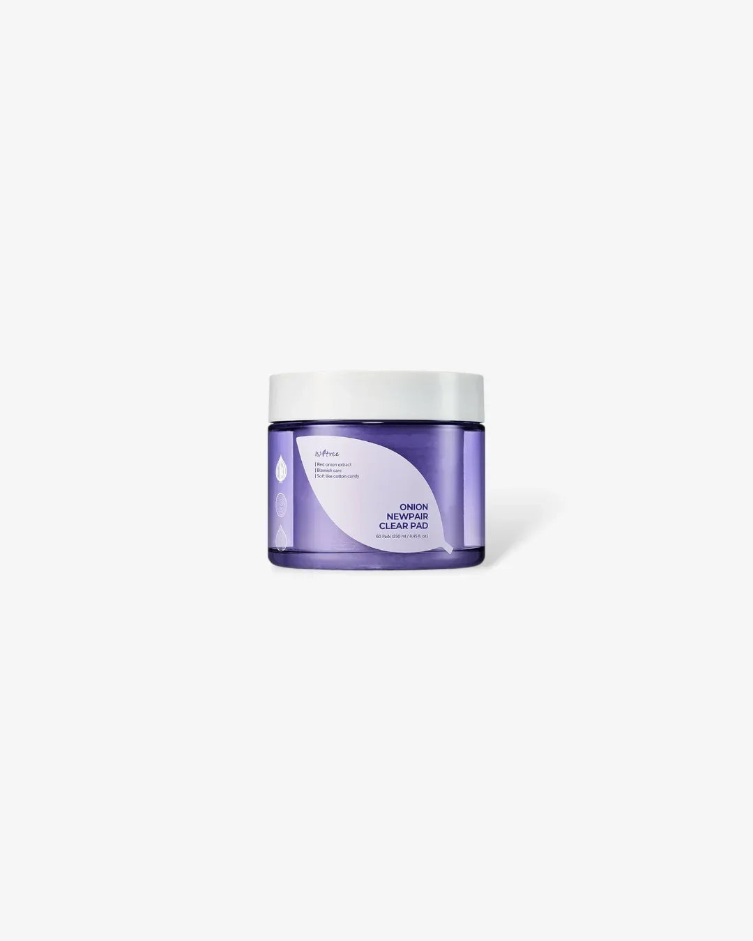 Purple jar of Isntree Onion Newpair Clear Pad skincare product with white lid