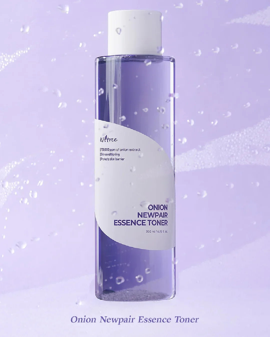 Isntree Onion Newpair Essence Toner bottle with purple liquid on purple background with water droplets