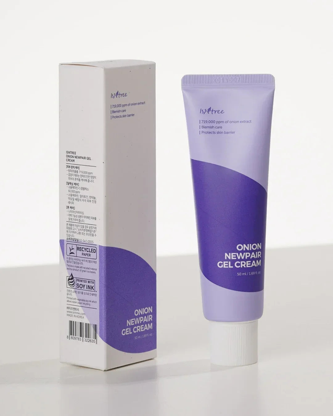 Isntree Onion Newpair Gel Cream 50ml tube and eco-friendly packaging with purple and white design