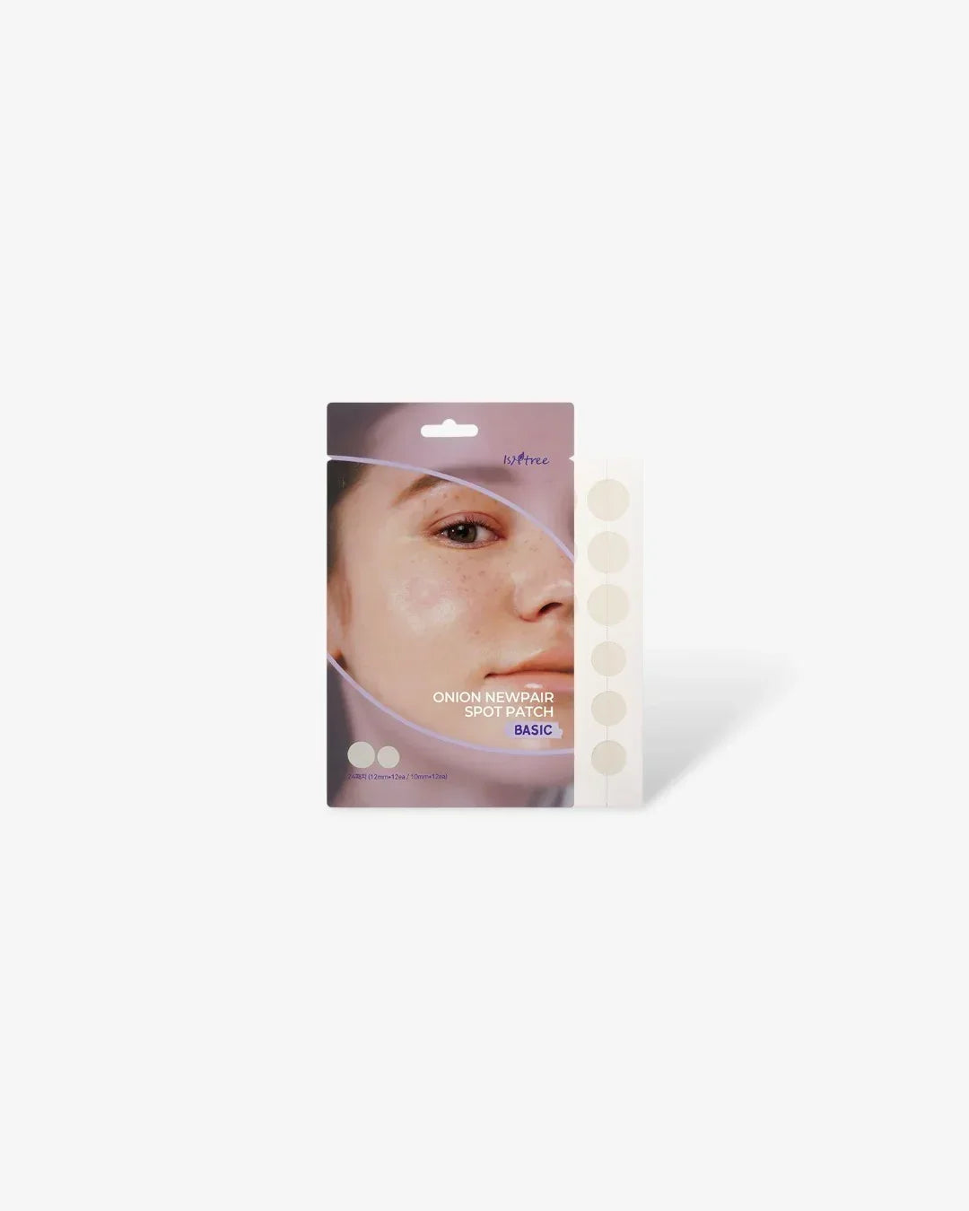 Isntree Onion Newpair Spot Patch package with close-up of a woman's face and acne spot patches