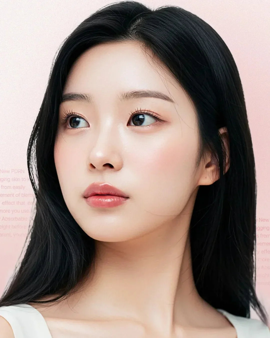 Close-up of Asian woman with clear glowing skin and black hair against pink background
