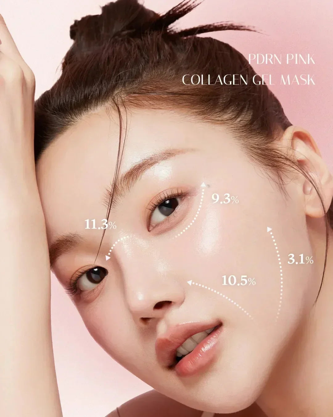 Close-up of woman with dewy skin promoting PDRN Pink Collagen Gel Mask with percentage graphics on face