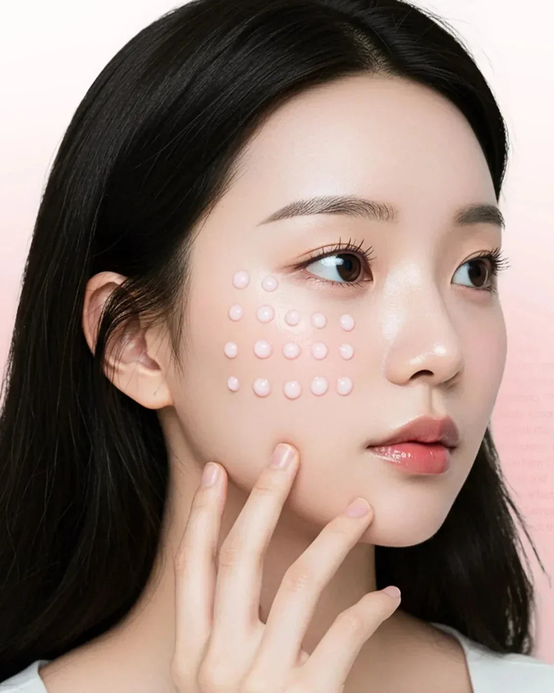 Model applying Korean pink exosome shot serum dots to cheek, Malkn beauty skincare