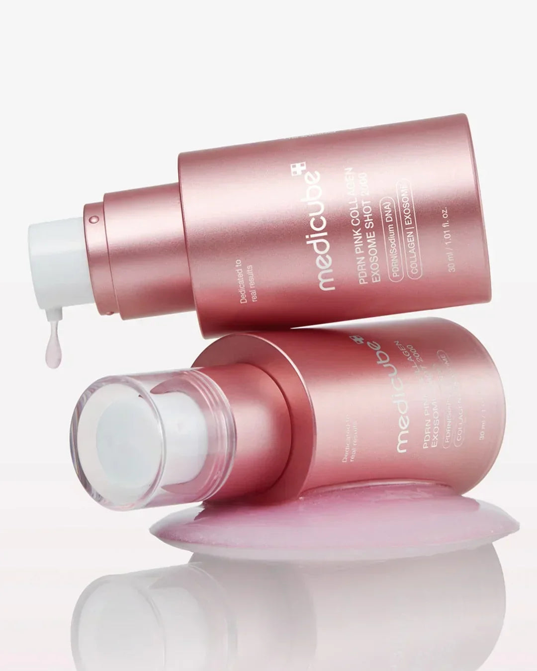 Medicube PDRN Pink Exosome Shot Serum 30ml in pink bottles on white background, Korean skincare