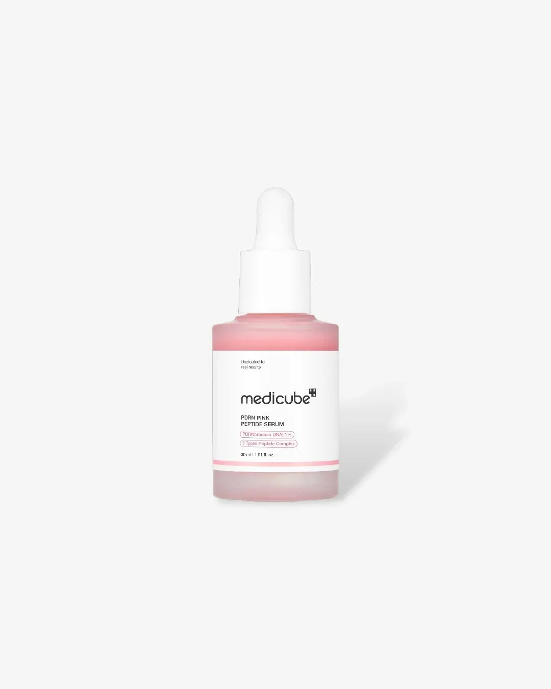 Medicube PDRN Pink Peptide Serum in frosted glass dropper bottle with white label