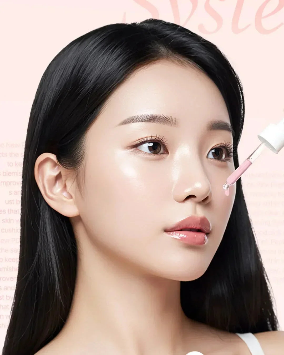 Close-up of woman with clear skin applying pink peptide serum drop on face