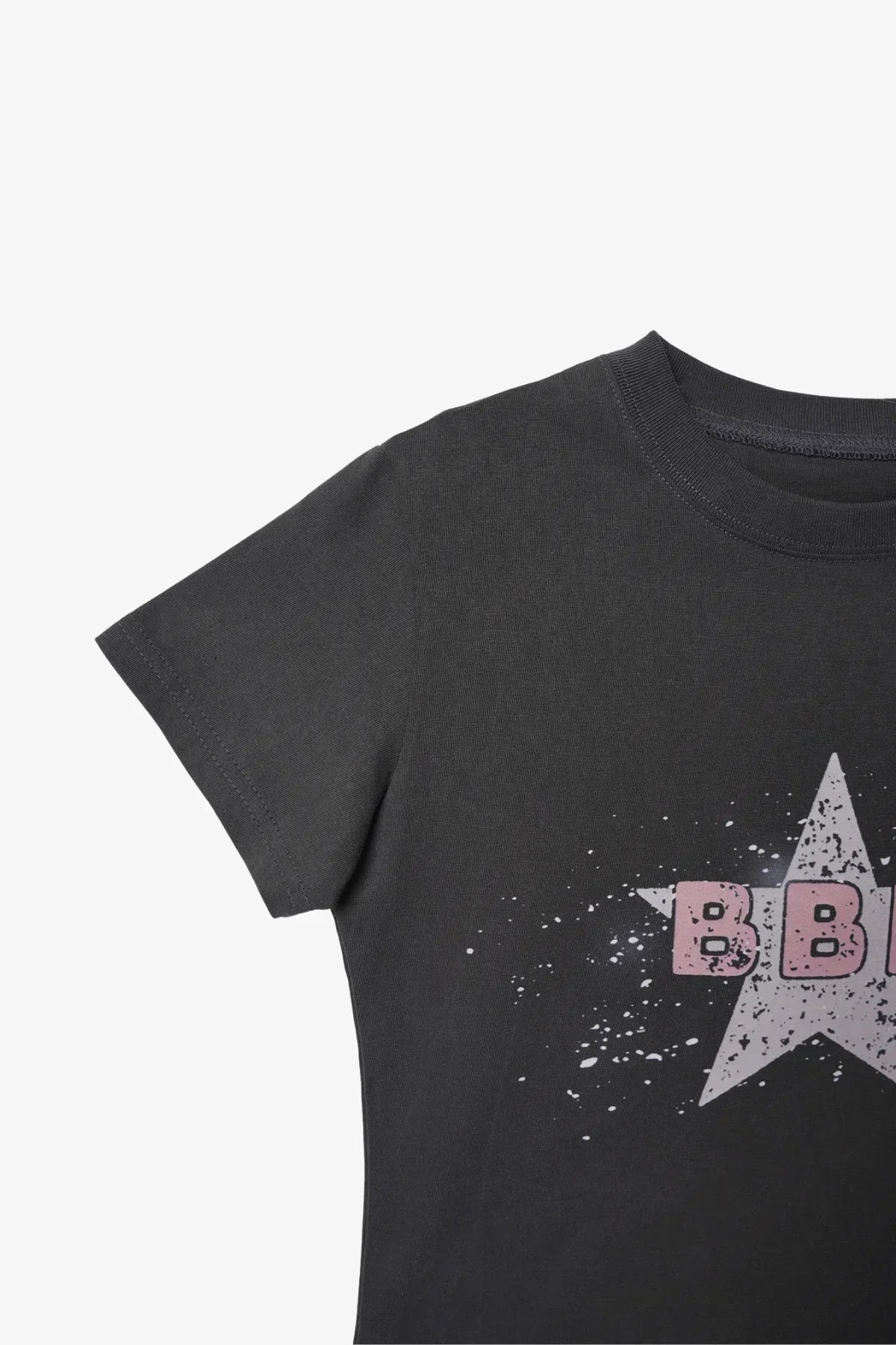 Charcoal-colored crop t-shirt with a white star and pink BB graphic print and splatter details