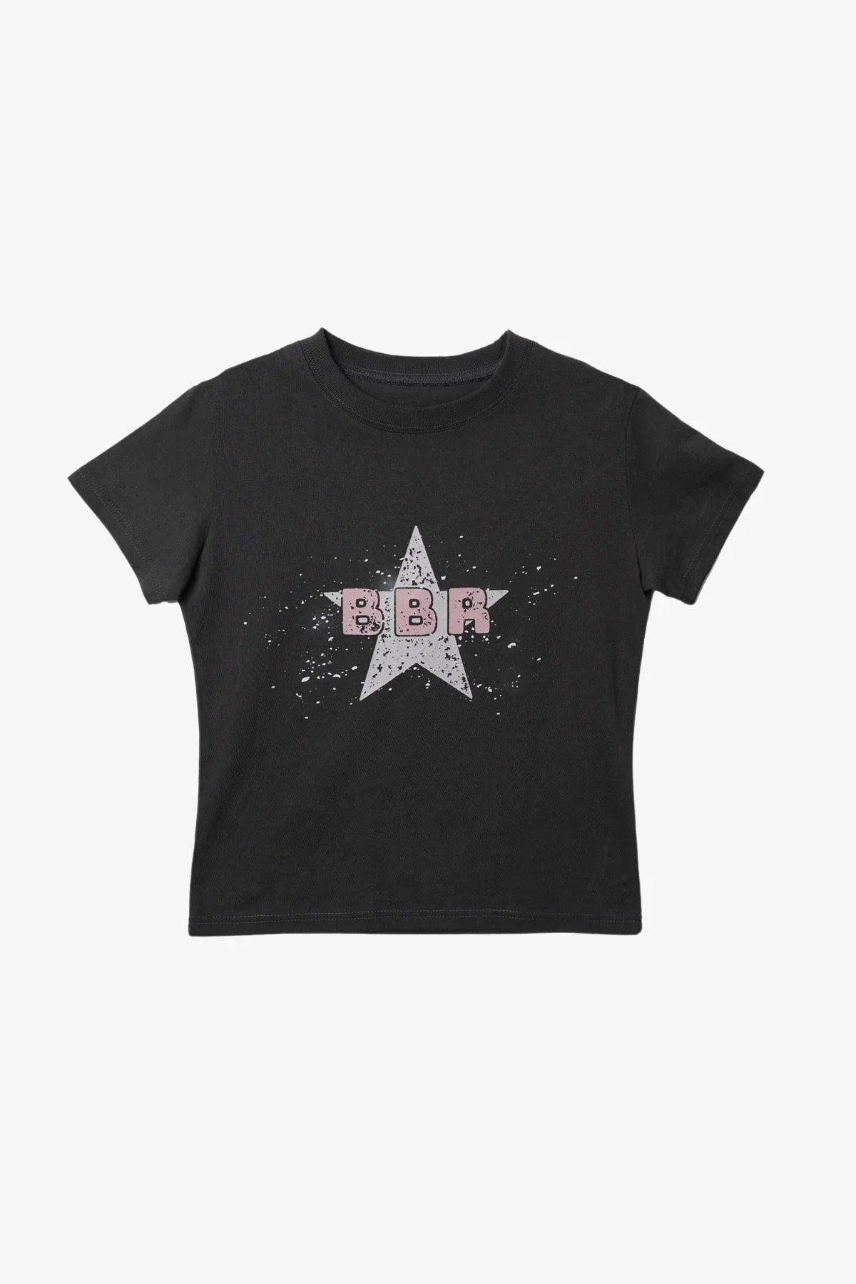 Charcoal black t-shirt with a large distressed light star and pink BBR letters on front
