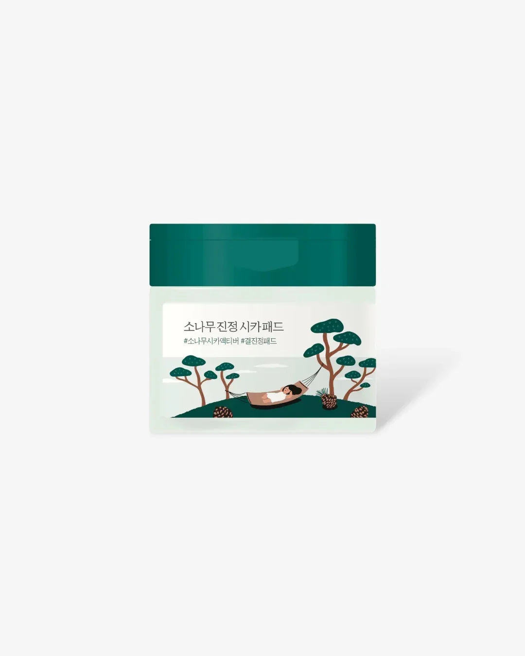 Pine Calming Cica Pad container with green lid, illustrated woman resting in hammock between pine trees